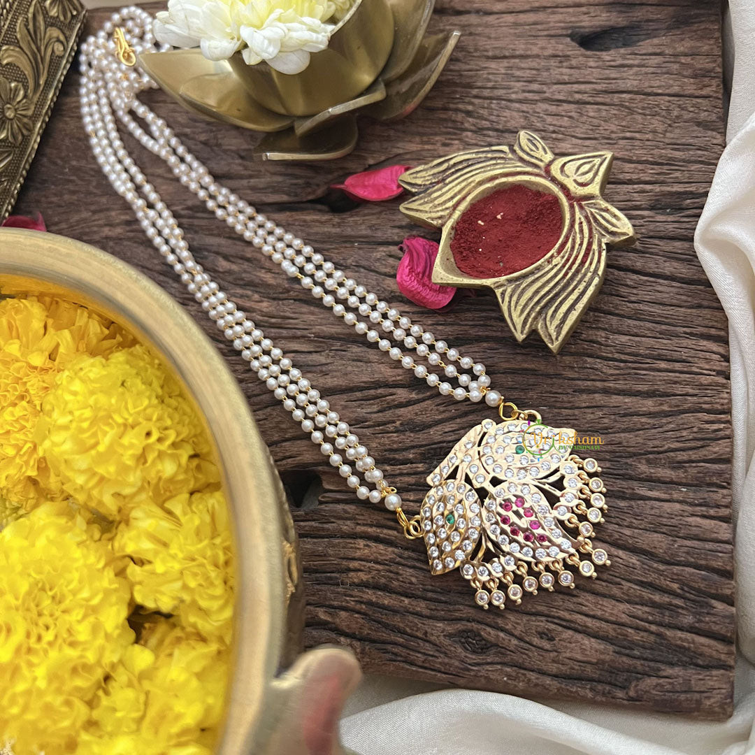 Vriksham AD Stone Leaf Designe Pendant 3 Layer Pearl Mala-Red-G18832