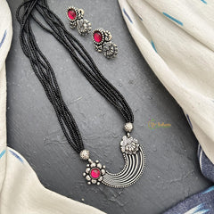 Stylish Silver Polish Pendant Black Beaded Neckpiece-S904