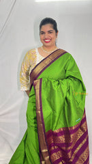 Parrot Green With Voilet Border-Vairaoosi Podi Kattam-Kalyani Cotton Saree - VS3446