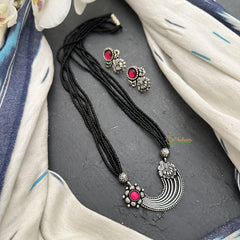 Stylish Silver Polish Pendant Black Beaded Neckpiece-S904