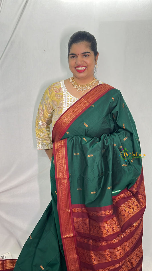 Dark Green With Maroon Border- Kalyani Cotton Saree - VS3429