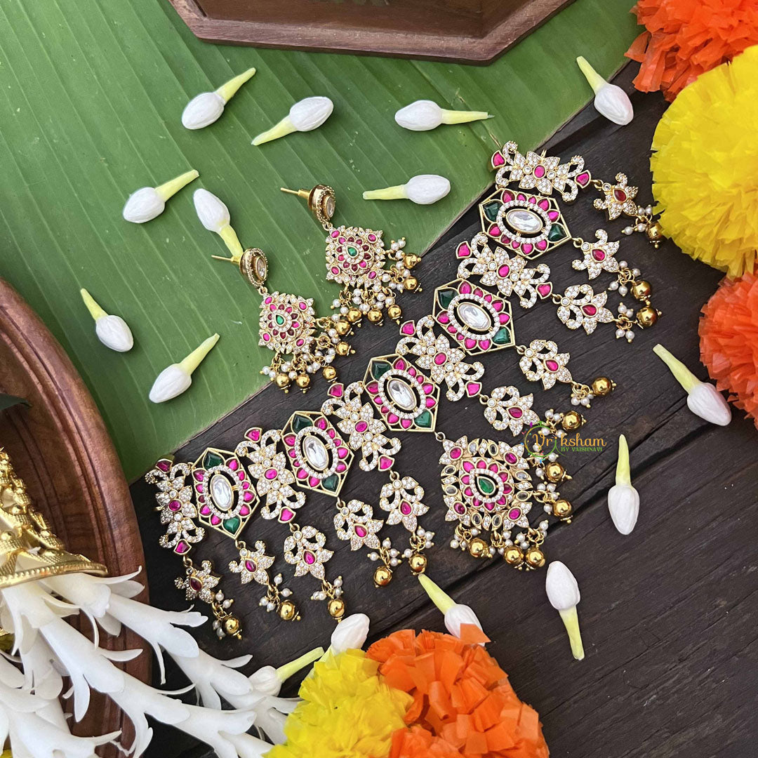 Vriksham Bridal AD Stone Style Choker-Red Green& White-Gold Bead-J3993