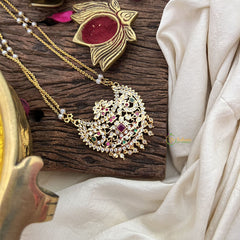 Vriksham AD Stone Half Moon Pendant 2 Layer Pearl With Gold Mala-Red Green-Stone Beads-G18833