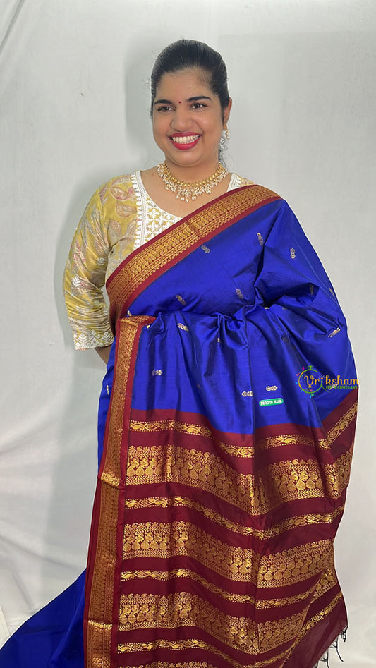 Ink Blue With Maroon Border- Kalyani Cotton Saree - VS3436