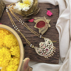 Vriksham AD Stone Half Moon Pendant 2 Layer Pearl With Gold Mala-Red Green-Stone Beads-G18833