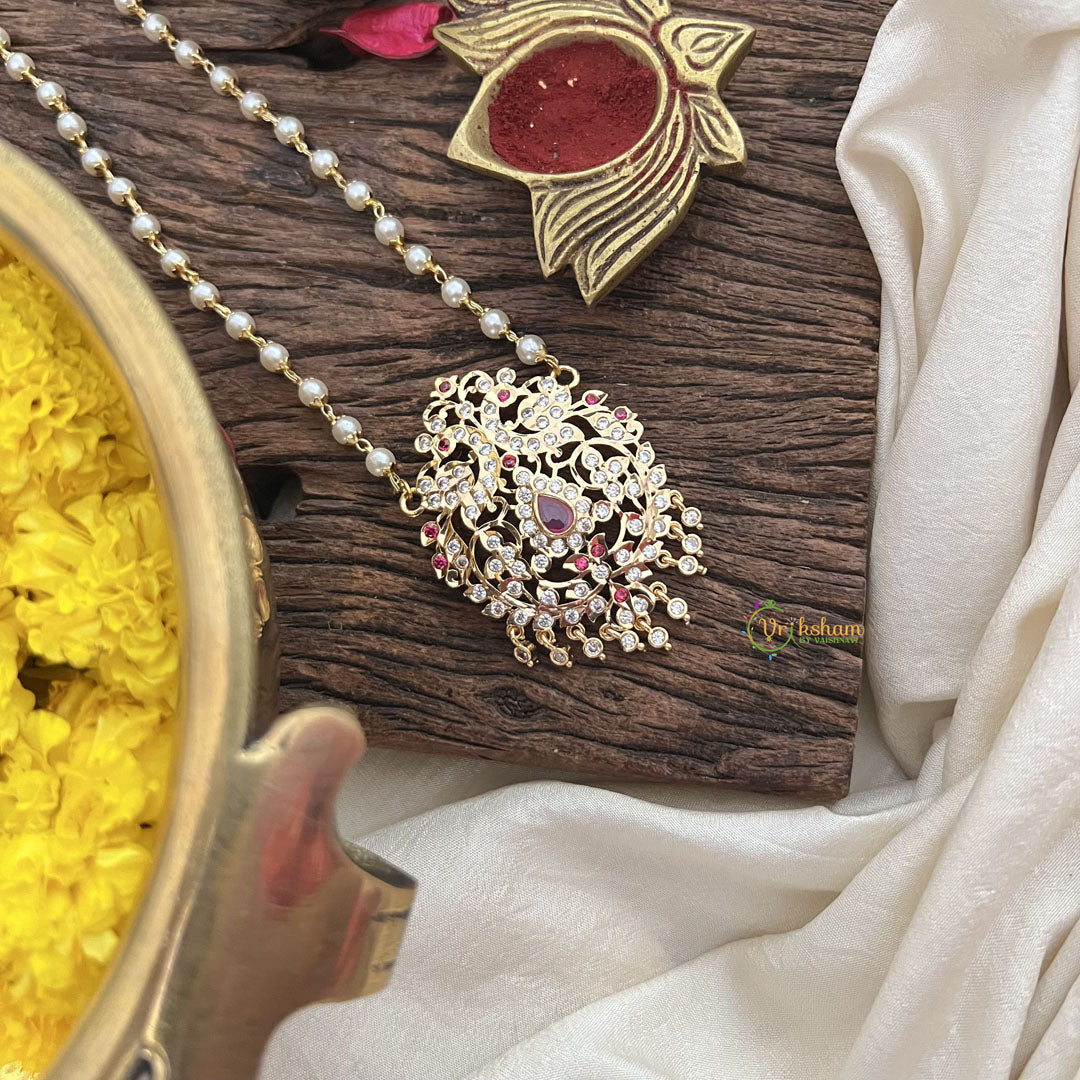 Vriksham AD Stone Peacock Pendant Pearl Layer-Red-G18840