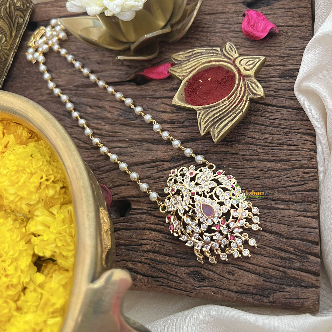 Vriksham AD Stone Peacock Pendant Pearl Layer-Red-G18840
