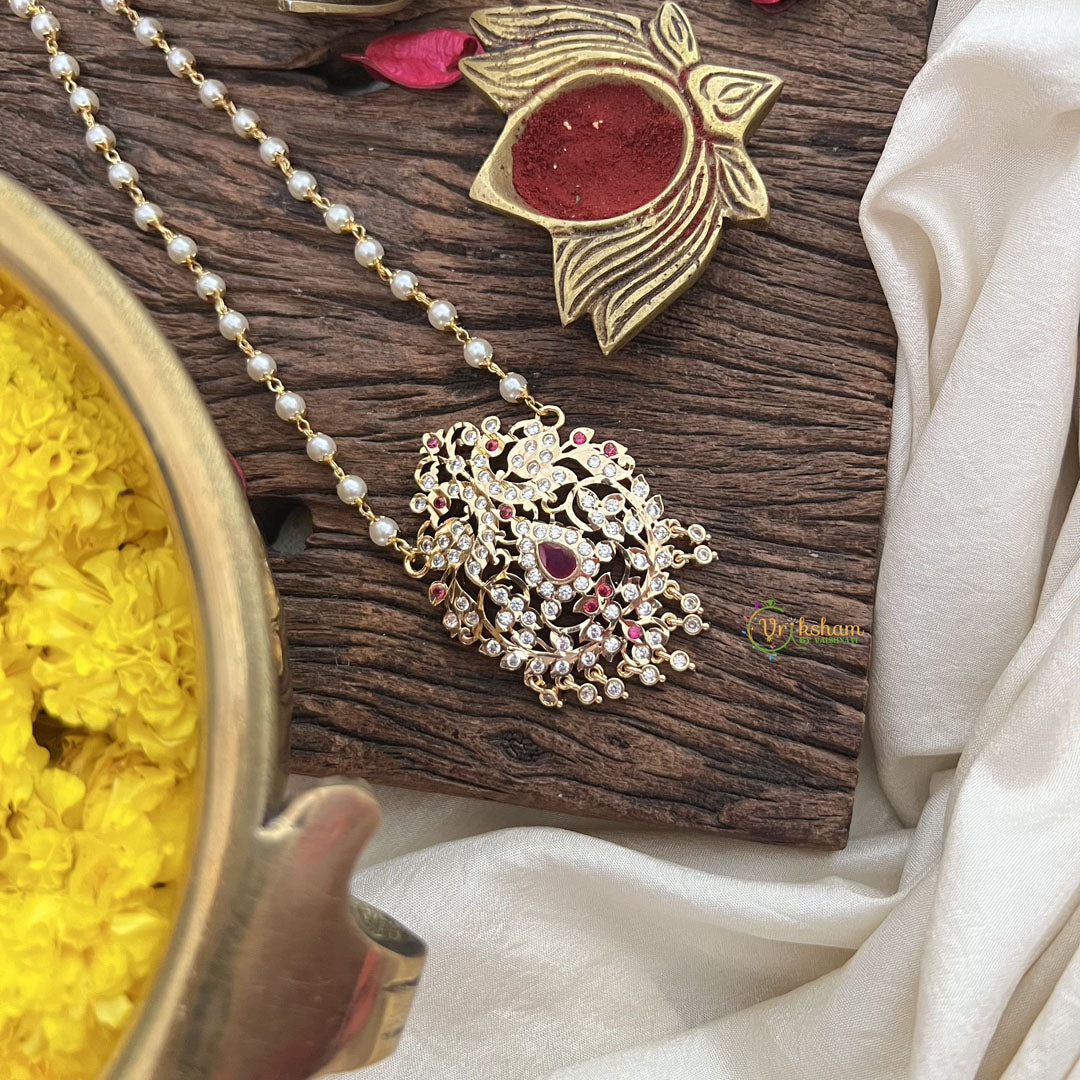 Vriksham AD Stone Peacock Pendant Pearl Layer-Red-G18840