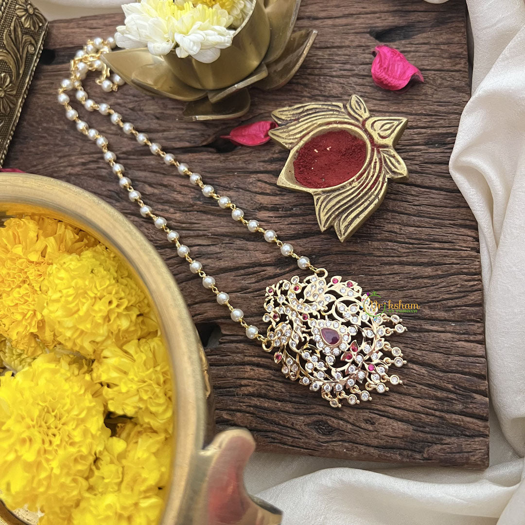 Vriksham AD Stone Peacock Pendant Pearl Layer-Red-G18840