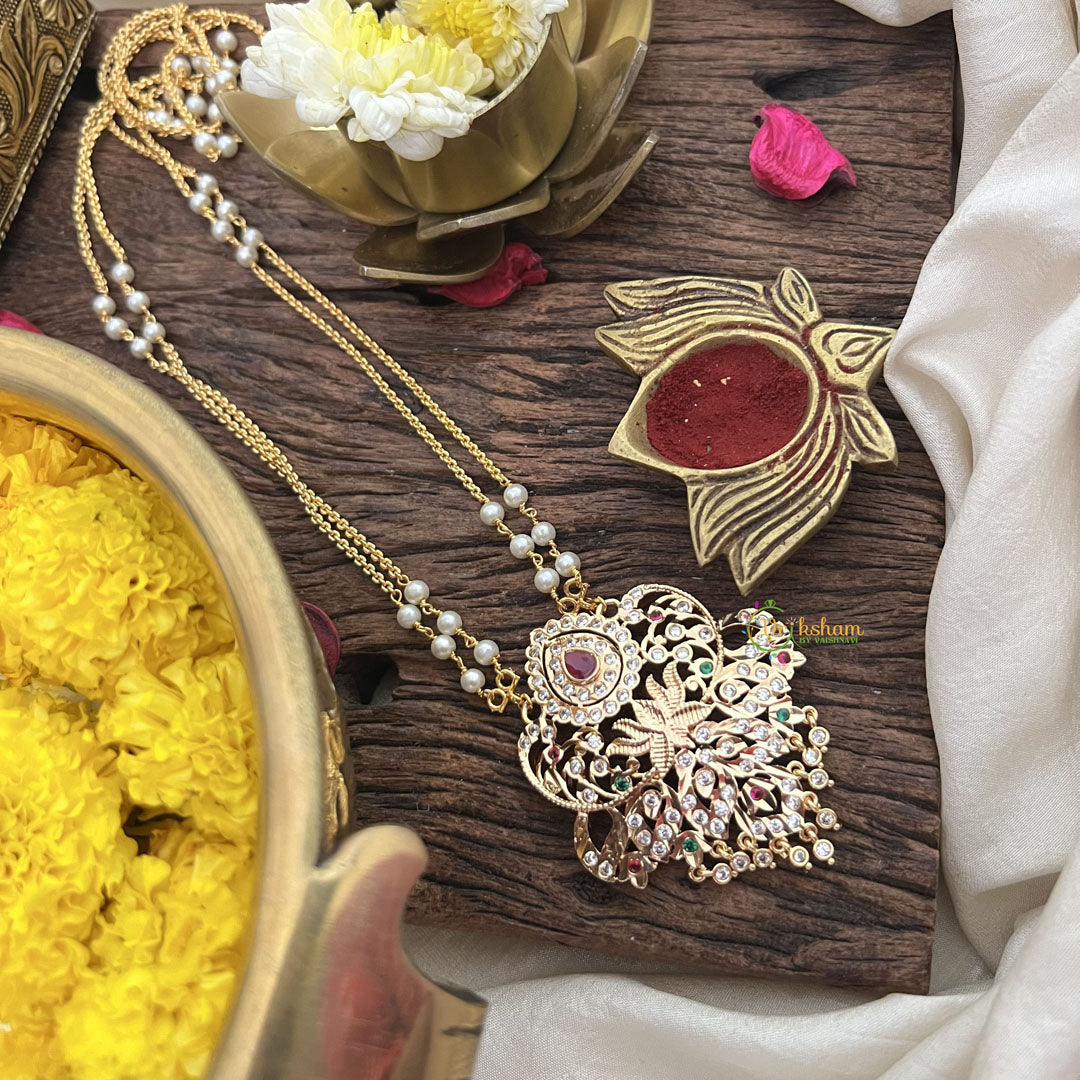 Vriksham AD Stone Lotus Pendant 2 Layer Pearl With Gold Chain-Red Green-G18838