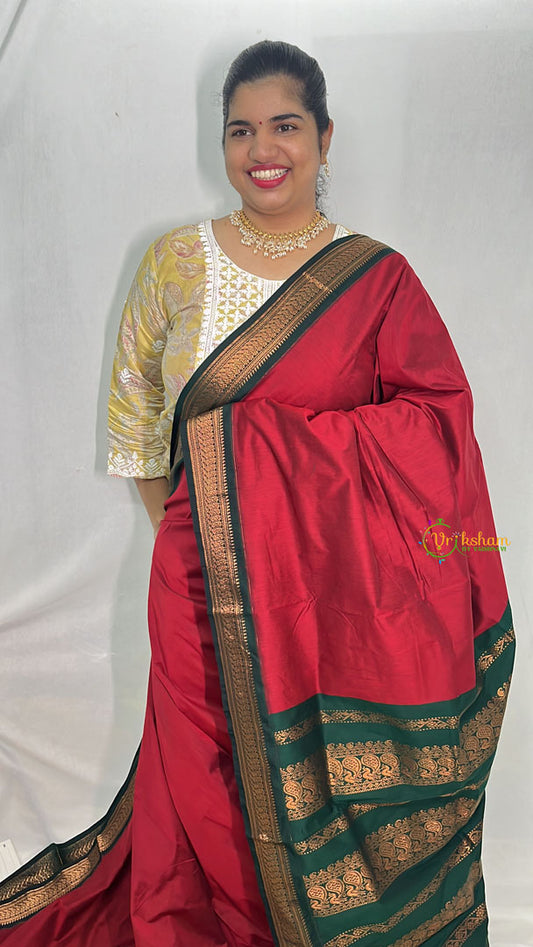 Red With Dark Green Border- Kalyani Cotton Saree - VS3435