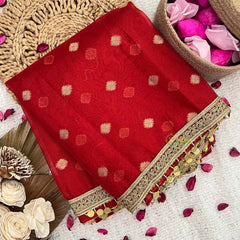 Vriksham  Red With Lace & Coin Tassel Organza Saree-Handloom-VS5020