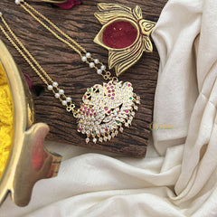 Vriksham AD Stone Pair Peacock Pendant 2 Layer Pearl With Gold Chain-Red Green-G18847