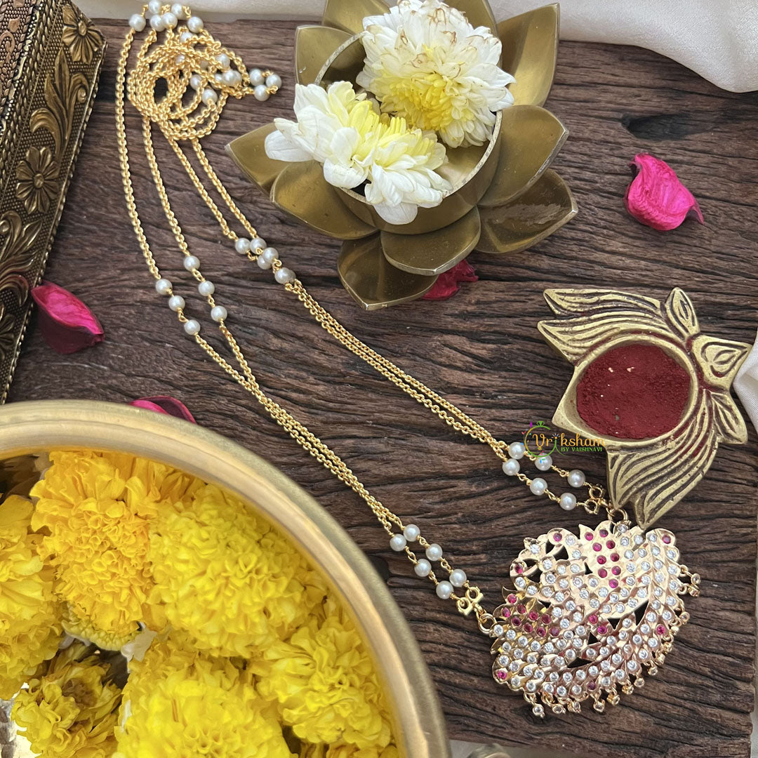 Vriksham AD Stone Pair Peacock Pendant 2 Layer Pearl With Gold Chain-Red-G18848