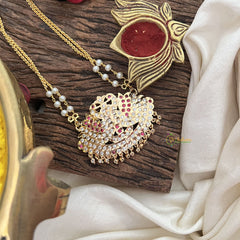 Vriksham AD Stone Pair Peacock Pendant 2 Layer Pearl With Gold Chain-Red-G18848