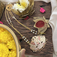Vriksham AD Stone Pair Peacock Pendant 2 Layer Pearl With Gold Chain-Red-G18848