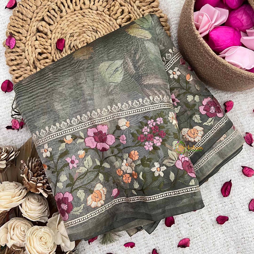Vriksham Green Sita Ramam Floral Crush Organza Saree-Handloom-VS5028
