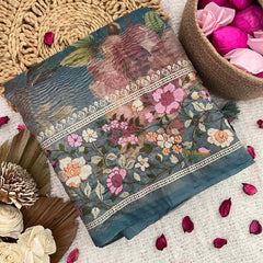 Vriksham Turquoise Sita Ramam Floral Crush Organza Saree-Handloom-VS5029