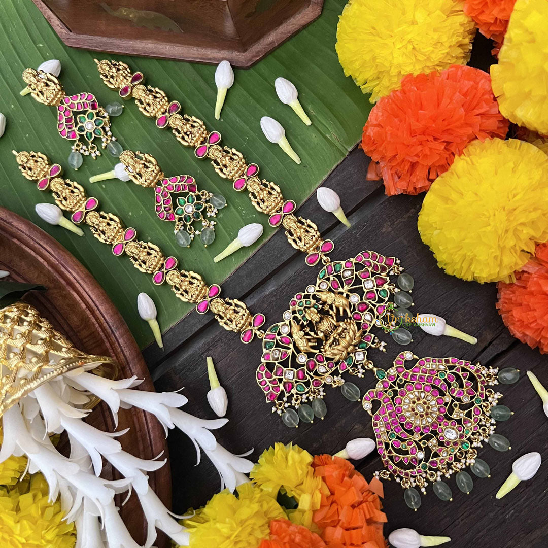 Vriksham Premium Lakshmi With Peacock AD Stone Kundan JadauLong Neckpiece-Red Green & White-Aqua Green Bead-J3999