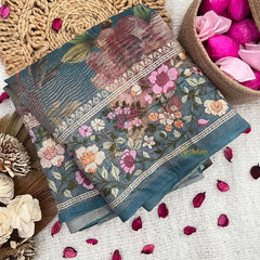 Vriksham Turquoise Sita Ramam Floral Crush Organza Saree-Handloom-VS5029
