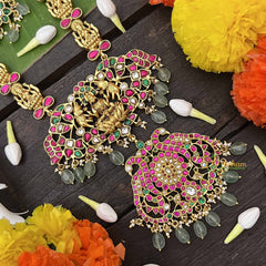 Vriksham Premium Lakshmi With Peacock AD Stone Kundan JadauLong Neckpiece-Red Green & White-Aqua Green Bead-J3999