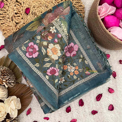 Vriksham Turquoise Sita Ramam Floral Crush Organza Saree-Handloom-VS5029