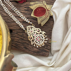 Vriksham AD Stone Dual Peacock Pendant 3 Layer Rice Pearl Mala-Green Red-G18827