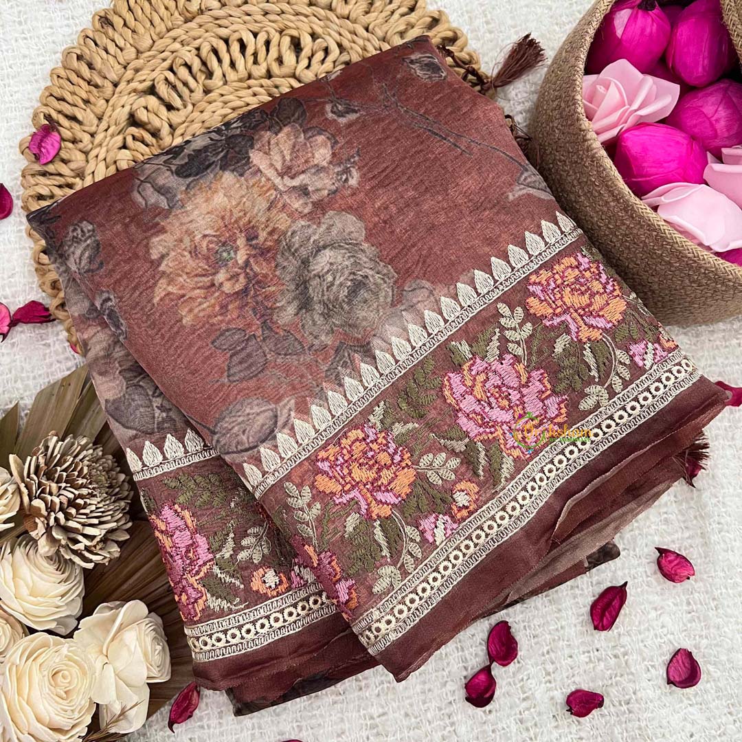 Vriksham Brown Sita Ramam Floral Crush Organza Saree-Handloom-VS5032