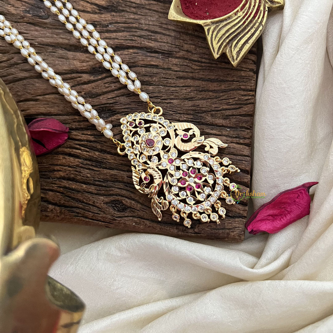 Vriksham AD Stone Dual Peacock Pendant 3 Layer Rice Pearl Mala-White Red-G18826