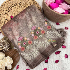 Vriksham Mocha Brown Shimmer Sita Ramam Floral Crush Organza Saree-Handloom-VS5035