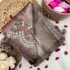 Vriksham Mocha Brown Shimmer Sita Ramam Floral Crush Organza Saree-Handloom-VS5035