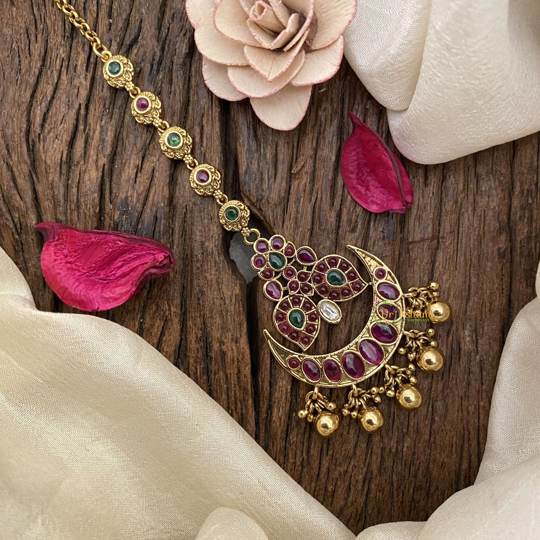 Vriksham Half Moon Maanga Maang Tikka-Red Green-Gold Bead-G16760