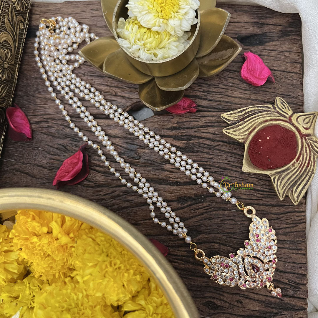 Vriksham AD Stone Traditional 3 Layer Pearl With Gold  Chain-Red-G18845
