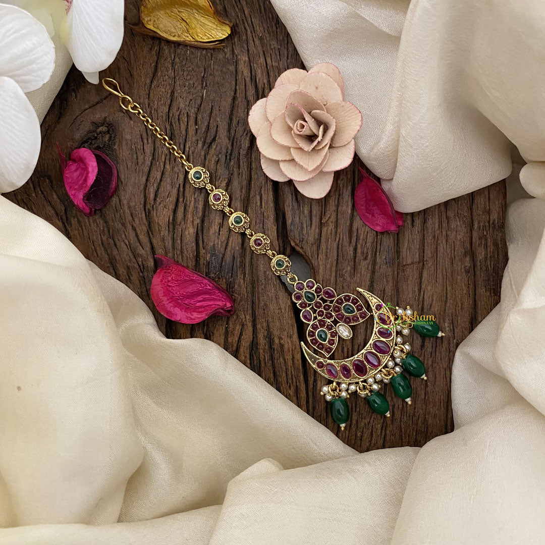 Vriksham Half Moon Maanga Maang Tikka-Red Green-Green Bead-G16761