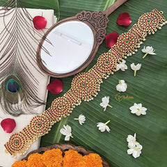 Vriksham Traditional Kemp Bharatanatyam Temple Kemp Oddiyanam  Hipbelt-Red Green-Pearl-G19694