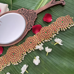 Vriksham Traditional Kemp Bharatanatyam Temple Kemp Oddiyanam  Hipbelt-Red Green-Pearl-G19694