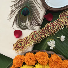 Vriksham Traditional Kemp Bharatanatyam Temple Kemp Oddiyanam  Hipbelt-Red Green-Pearl-G19694