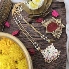 Vriksham Elegant Lotus Pendant 2 Layer Pearl With Gold Plated Mala-Red-G18830