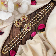 Vriksham Gold look alike Pearl High Neck Choker-Peacock -Red White-Left Side-G21793