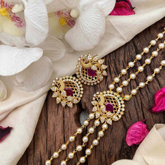 Vriksham Gold look alike Pearl High Neck Choker-Peacock -Red White-Left Side-G21793