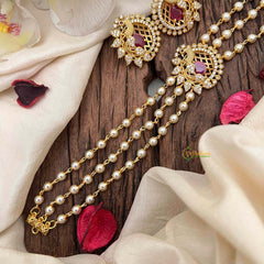 Vriksham Gold look alike Pearl High Neck Choker-Peacock -Red White-Left Side-G21793