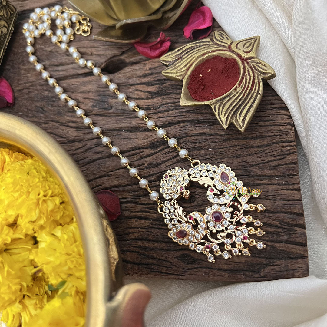Vriksham AD Stone Maaga With Peacock Pendant Pearl Layer-G18841