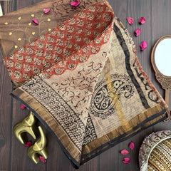 Vriksham Brown Small Flower Print Kota Cotton Saree-VS4458