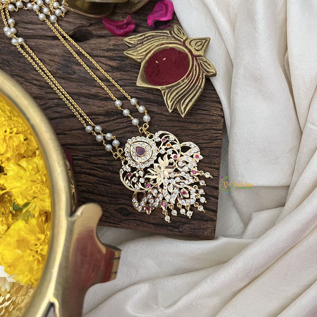 Vriksham AD Stone Lotus Pendant 2 Layer Pearl With Gold Plated Mala-Red-G18828