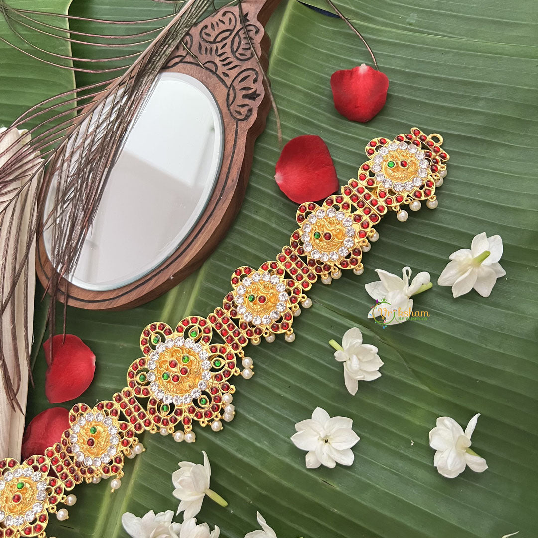 Vriksham Designer Traditional Kemp Floral Oddiyanam Hipbelt-Red Green-Pearl-G19679