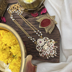 Vriksham AD Stone Lotus Pendant 2 Layer Pearl With Gold Plated Mala-Red-G18828