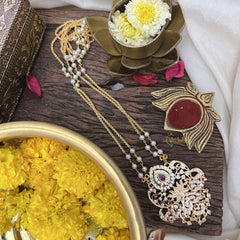 Vriksham AD Stone Lotus Pendant 2 Layer Pearl With Gold Plated Mala-Red-G18828