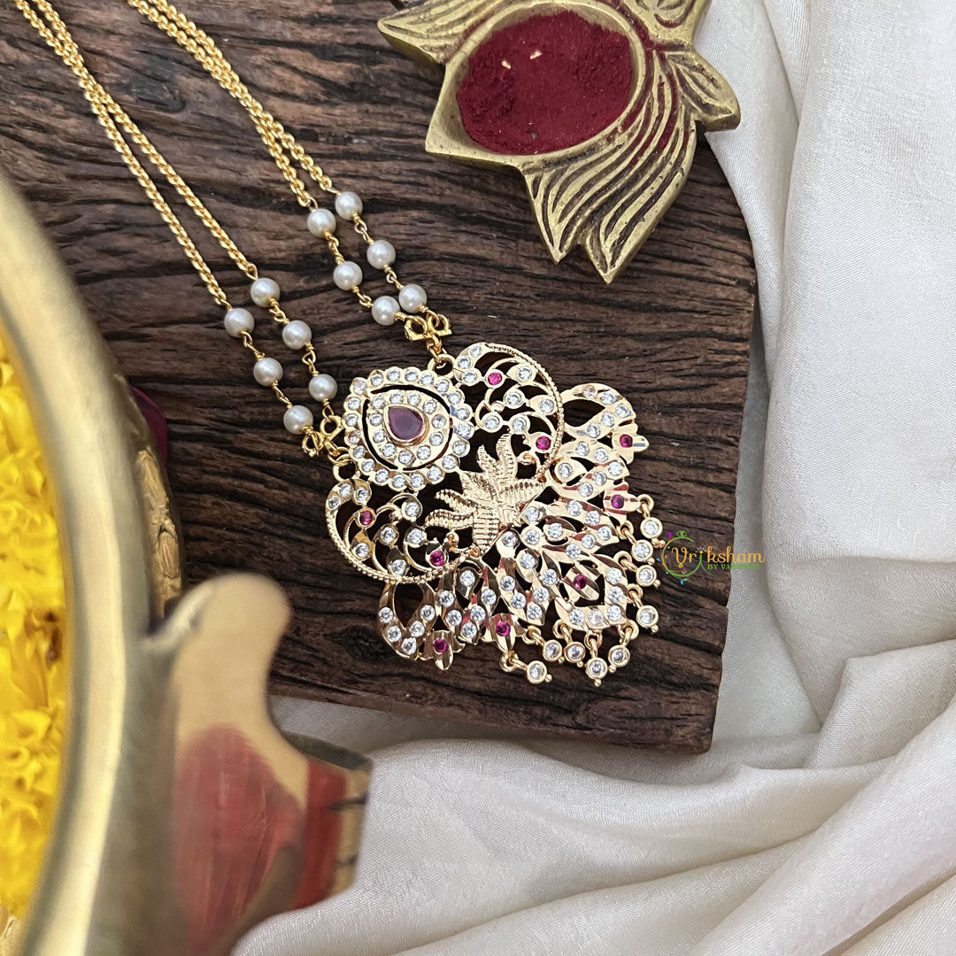 Vriksham AD Stone Lotus Pendant 2 Layer Pearl With Gold Plated Mala-Red-G18828
