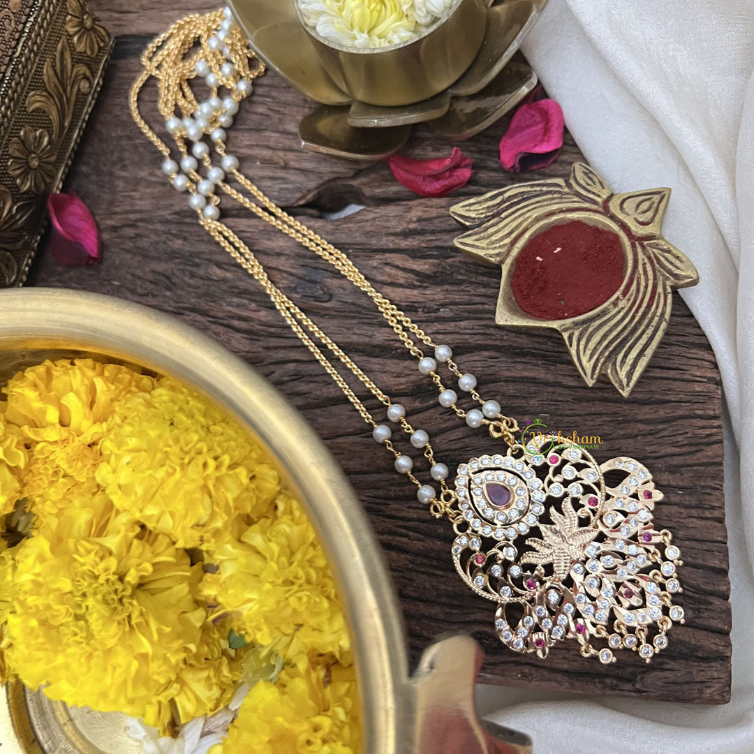 Vriksham AD Stone Lotus Pendant 2 Layer Pearl With Gold Plated Mala-Red-G18828