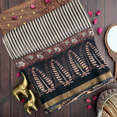 Vriksham Black And  White  Stripes Golden Border Kotta Cotton Saree-VS4461